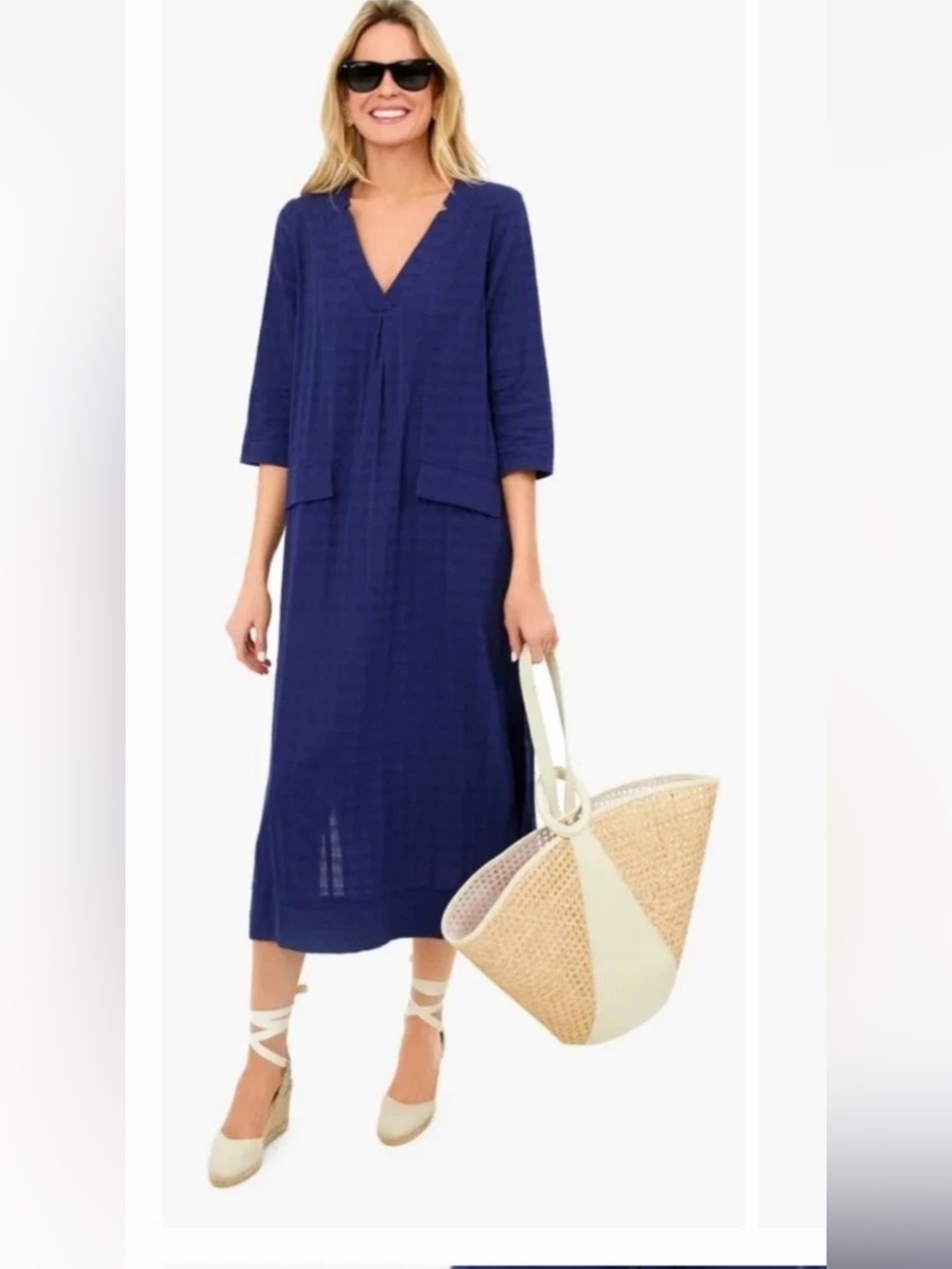 Pomander Place Navy Blue Carolina Caftan Dress Womens Size M 100% Cotton V-Neck